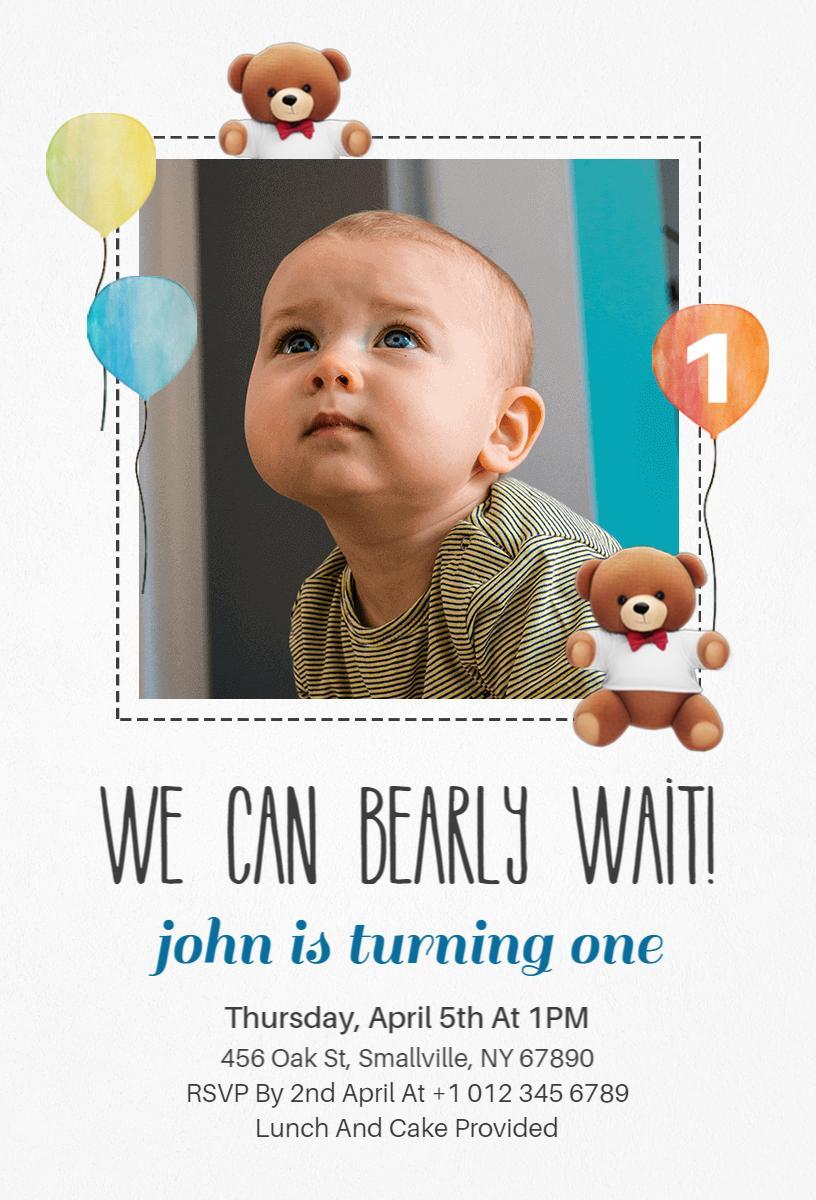 Adorable Teddy Bear One Year Birthday Celebration Invitation Template