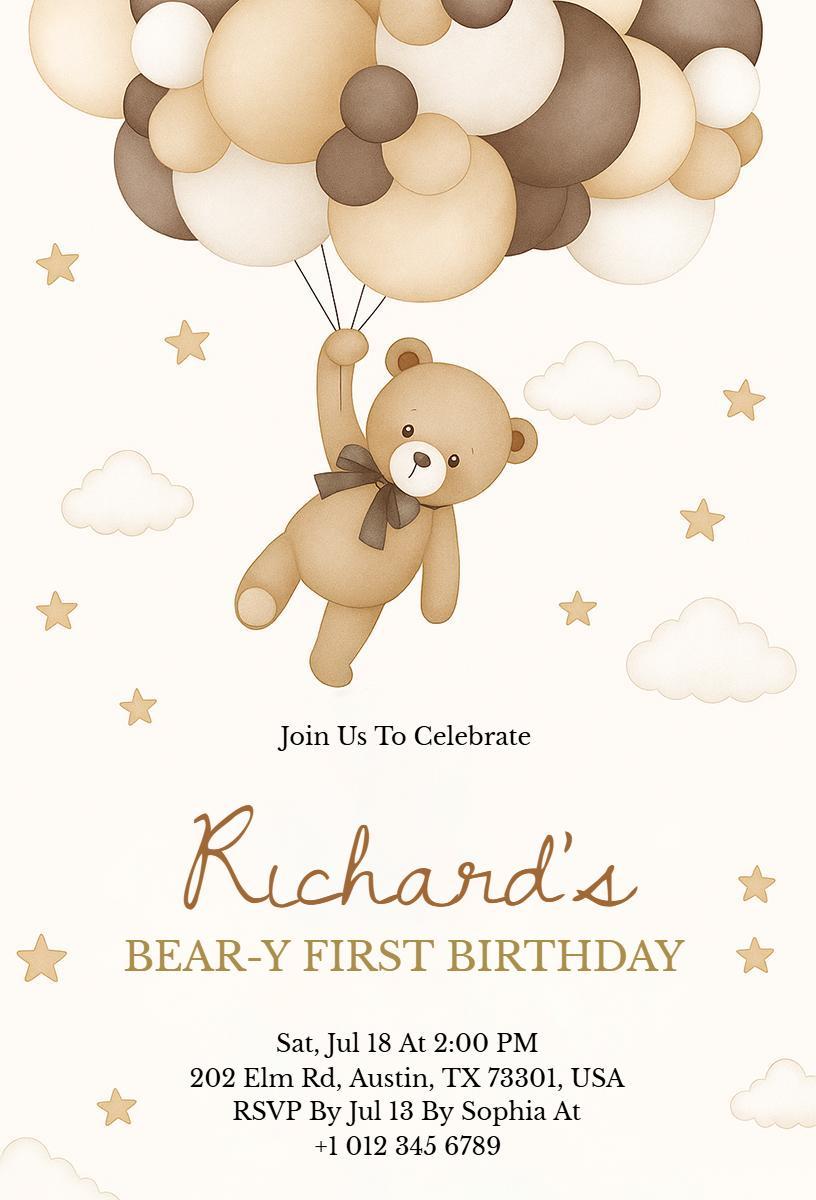 Adorable Teddy Bear Theme 1st Birthday Celebration Invitation Template