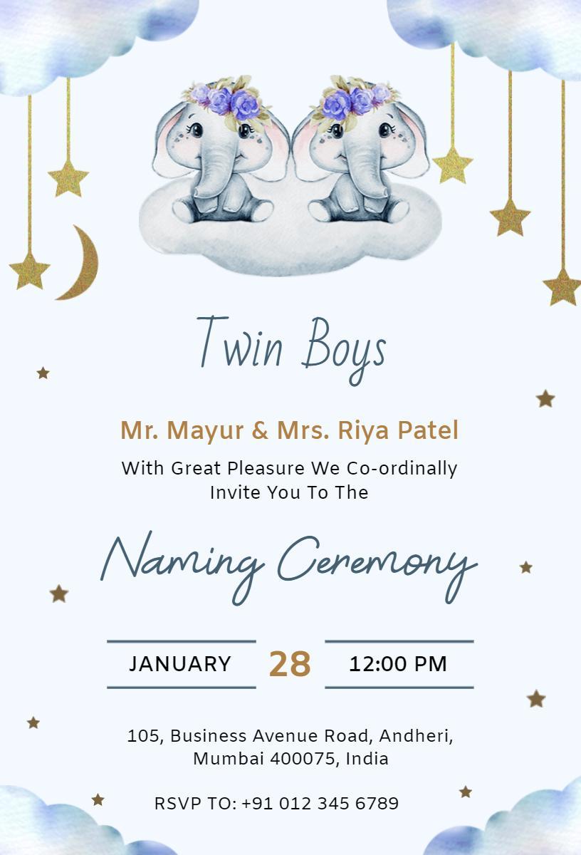 Adorable Twin Boys Elephant Themed Naming Ceremony Invitation Template