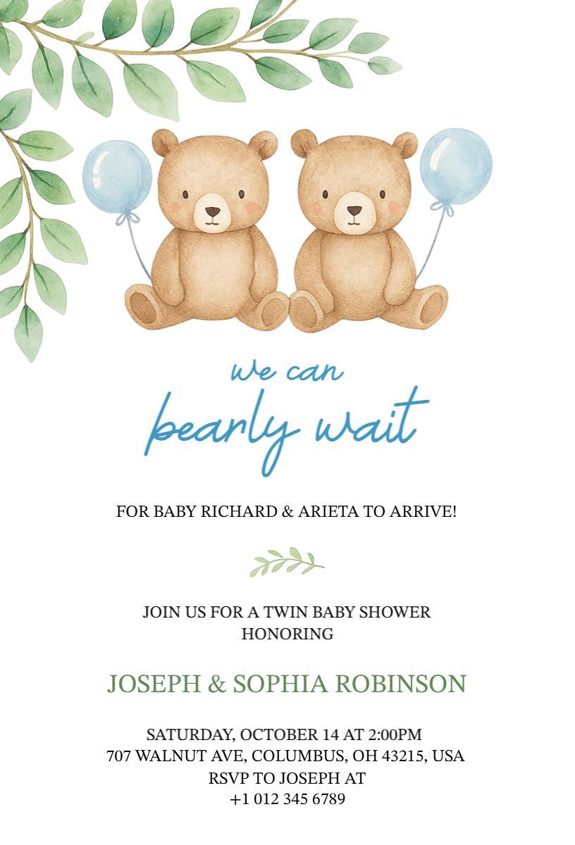 Adorable Twin Teddy Bear Baby Shower Celebration Invitation Template
