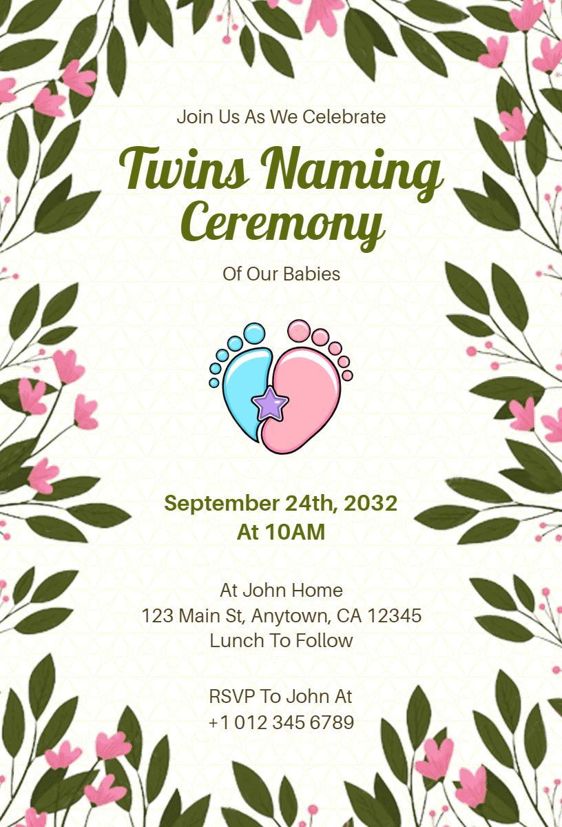 Adorable Twins Naming Ceremony Celebration Invitation Template