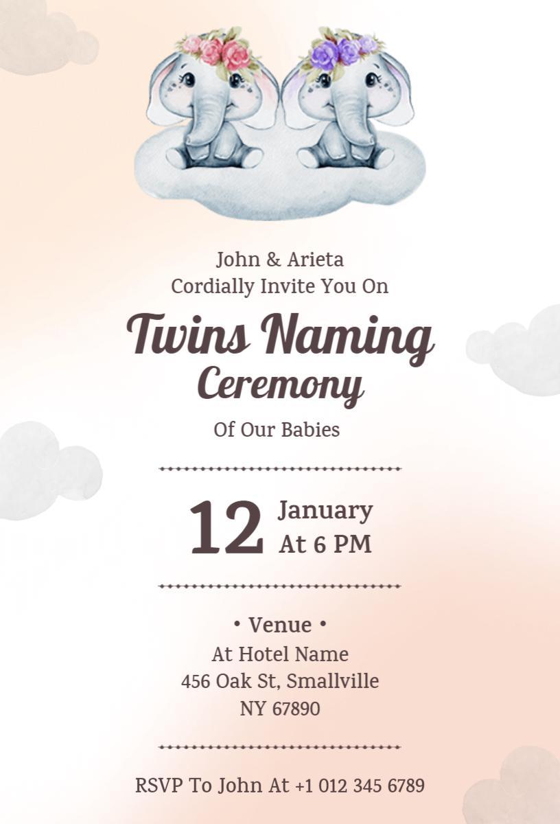 Adorable Twins Naming Ceremony Cute Elephant Invitation Template