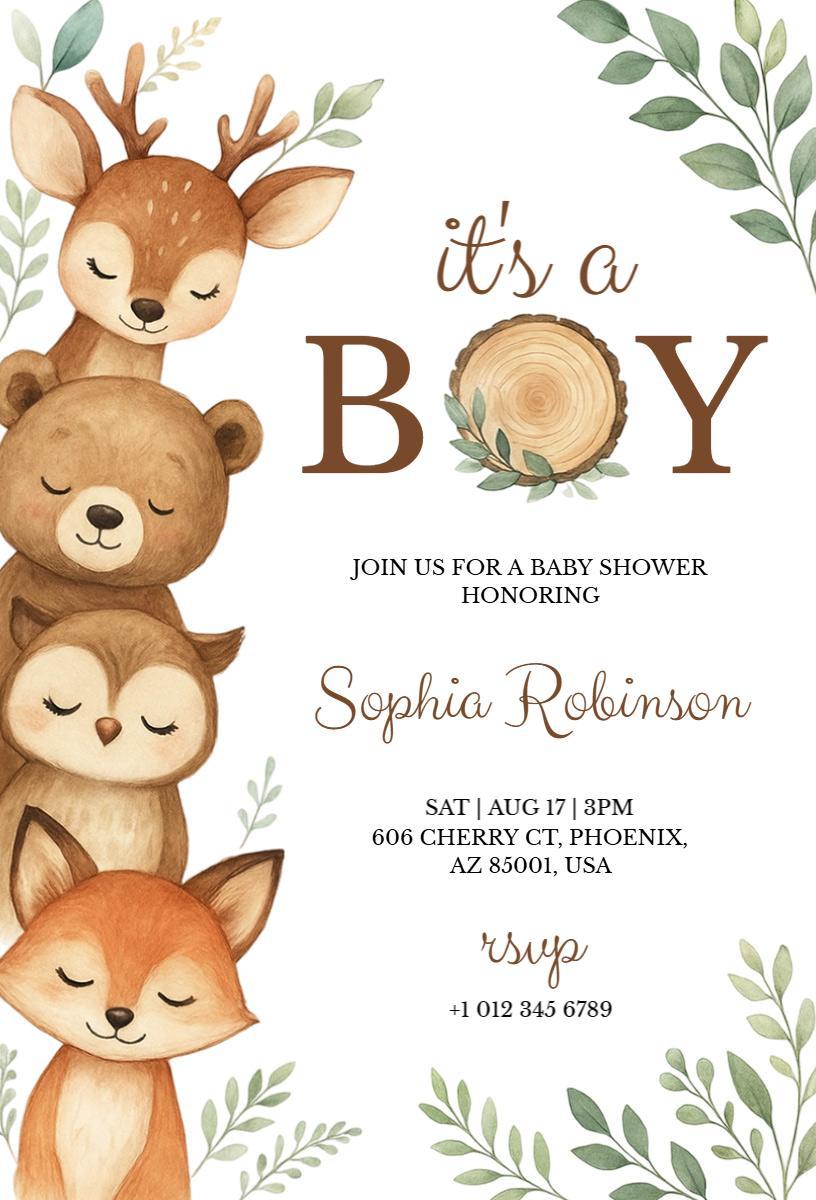 Adorable Woodland Animal Themed Baby Shower Invitation Template