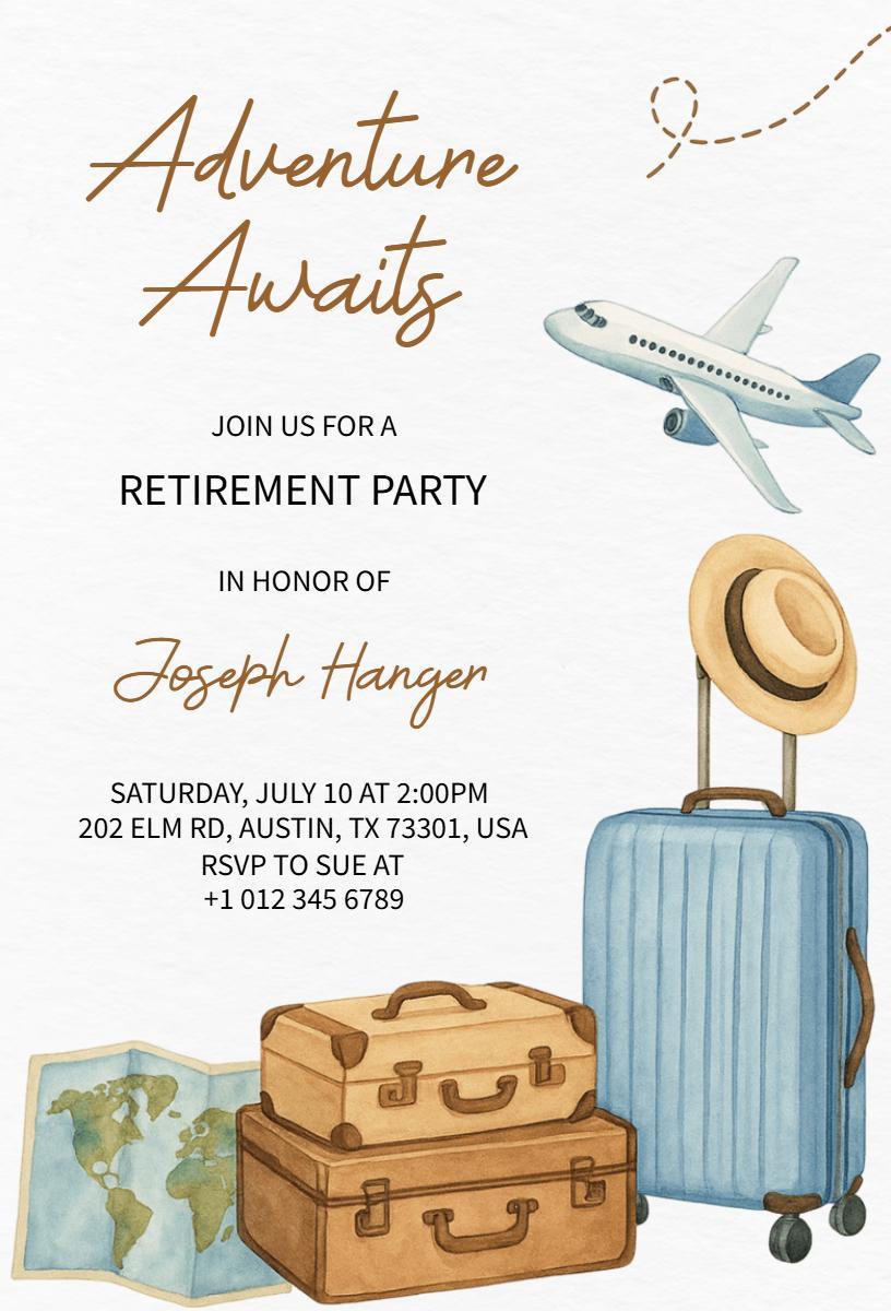 Adventure Awaits Travel-Themed Retirement Party Invitation Template