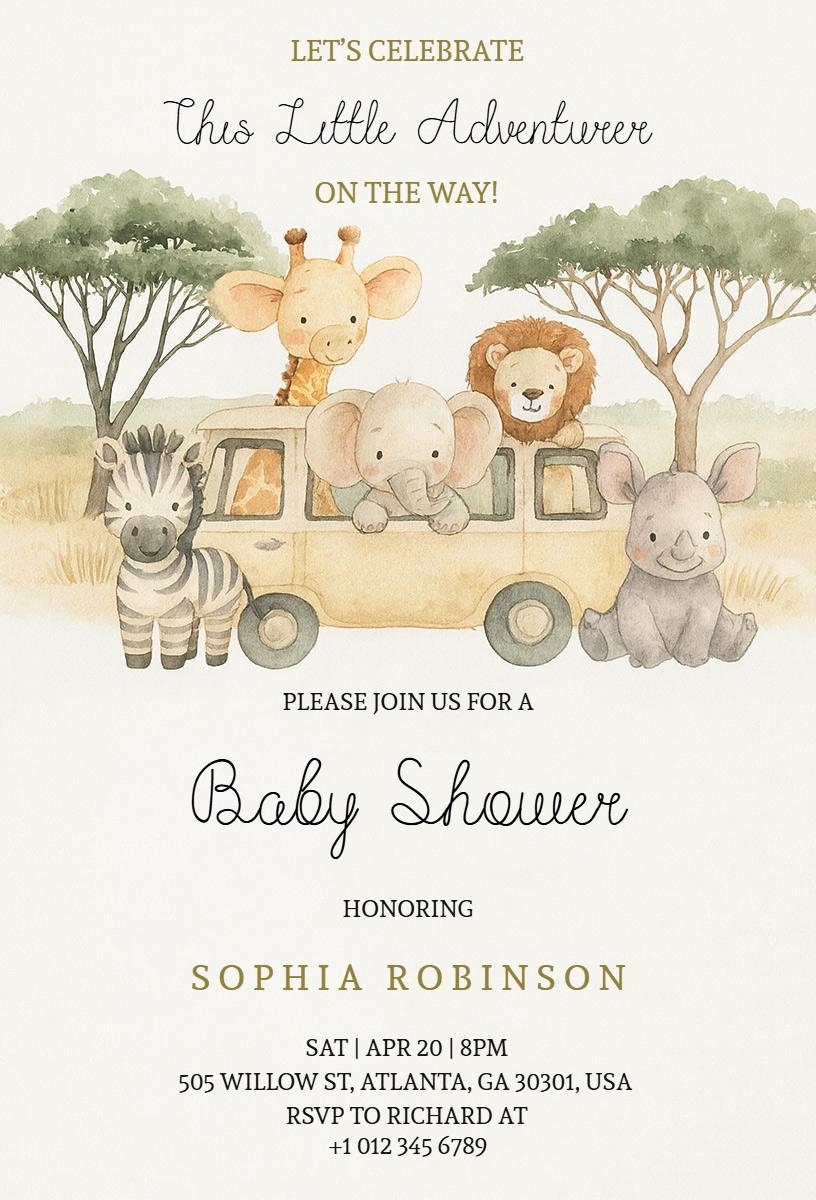 Adventure Jungle Safari Baby Shower Celebration Invitation Template