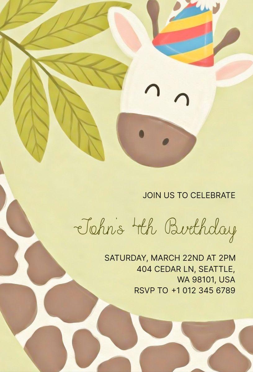 Adventure Safari Giraffe Theme Birthday Celebration Invitation Template