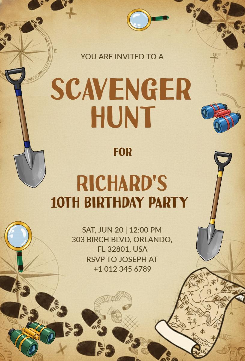 Adventure Scavenger Hunt Fun 10th Birthday Invitation Template