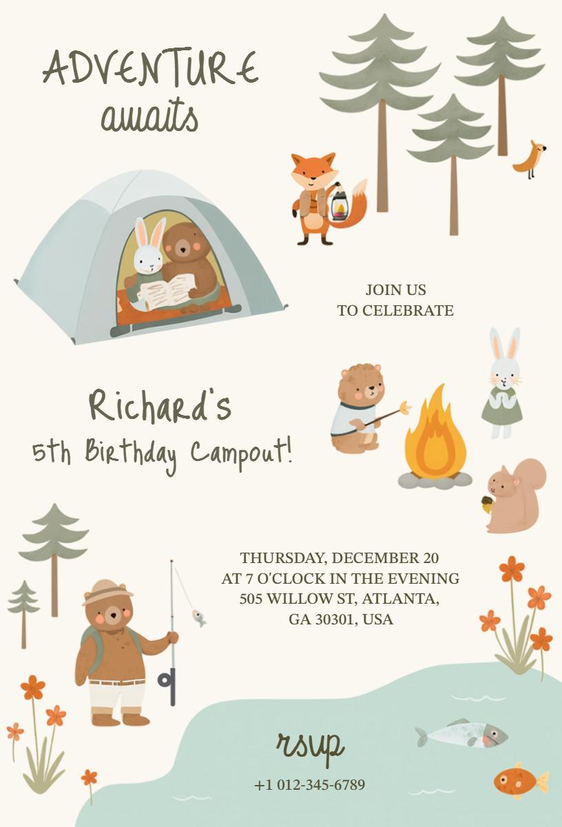 Adventure Themed Camping Birthday Celebration Invitation Template