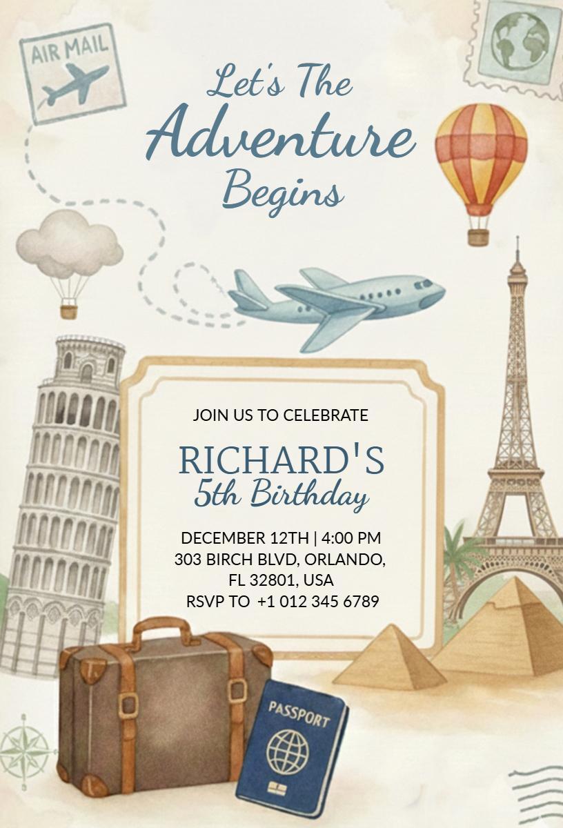 Adventure Travel Themed Birthday Celebration Invitation Template