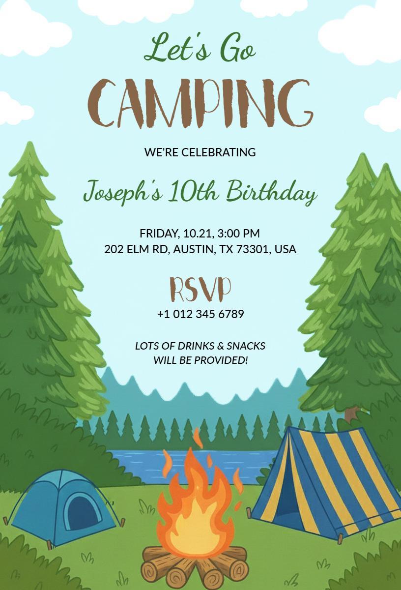 Adventurous Camping Theme 10th Birthday Celebration Invitation Template