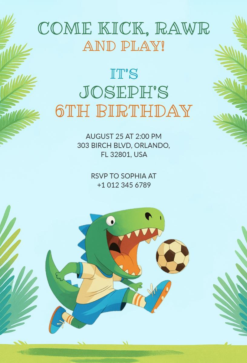 Adventurous Dinosaur Soccer Themed Birthday Invitation Template