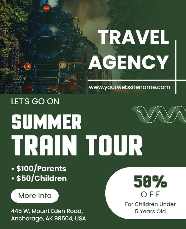 Adventurous Green Summer Train Tour Travel Agency Poster Template
