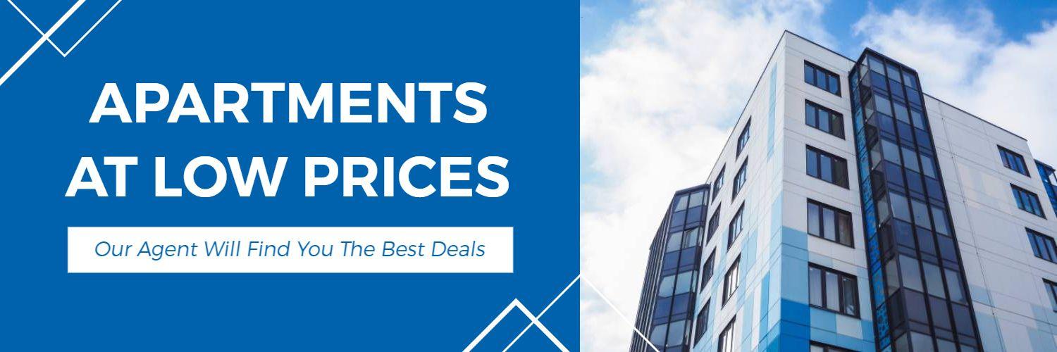 Affordable Apartments Listed in Bright Blue Twitter Banner Template