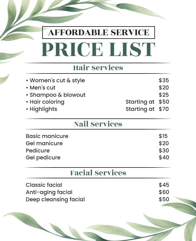 Affordable Beauty Spa Menu Price List Flyer Template