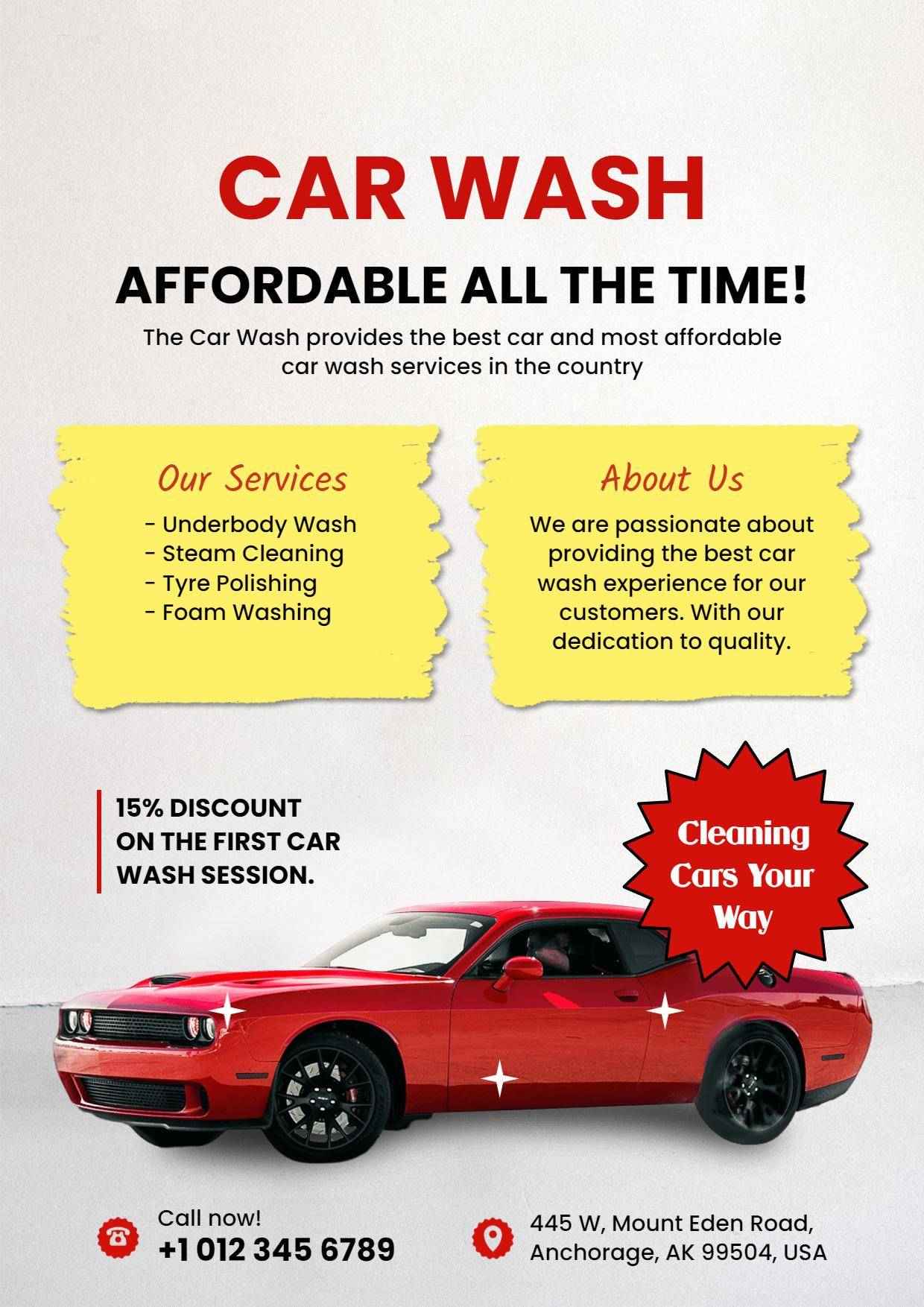 Affordable Car Wash Services Promotion A4 Flyer Template