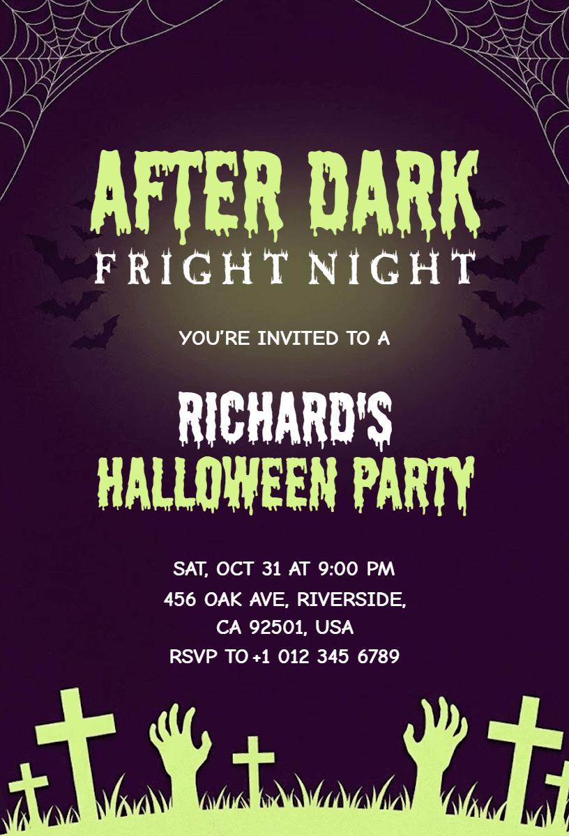 After Dark Fright Night Spooky Halloween Party Invitation Template