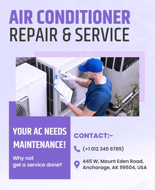 Professional Purple Air Conditioner Repair Service Flyer Template