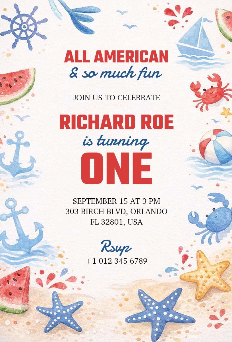 All American Nautical Theme 1st Birthday Celebration Invitation Template