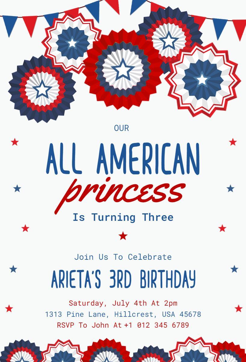 All American Princess 3rd Birthday Celebration Invitation Template