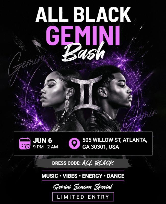 All Black Gemini Bash Party Flyer Template