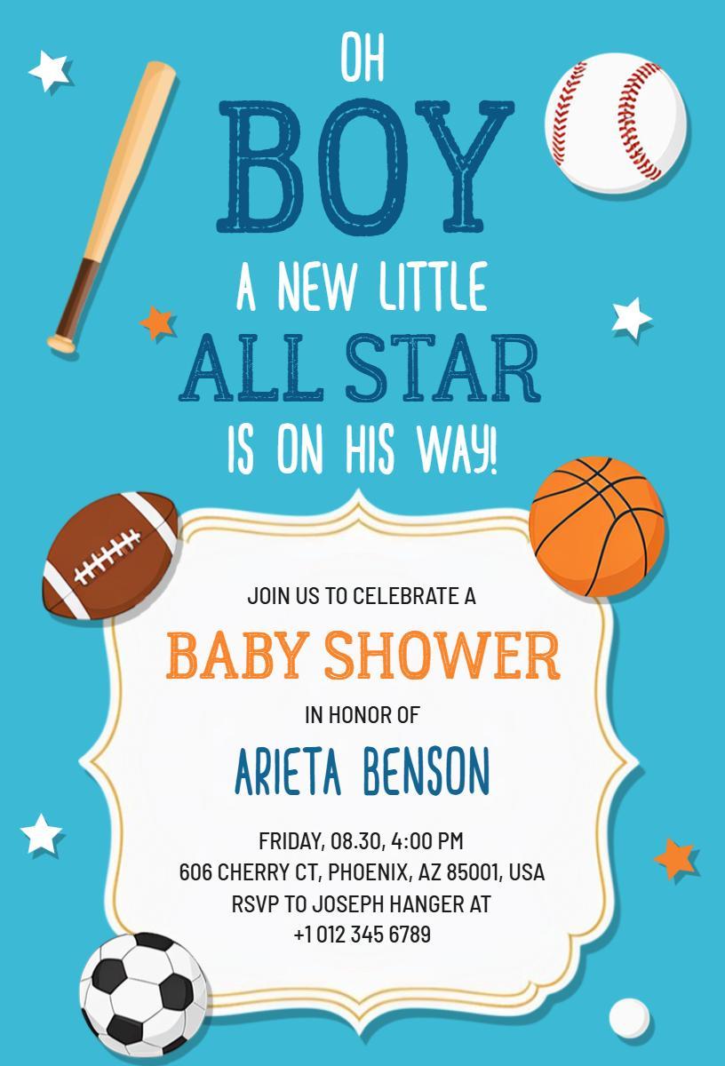 All Star Sports Theme Baby Shower Celebration Invitation Template