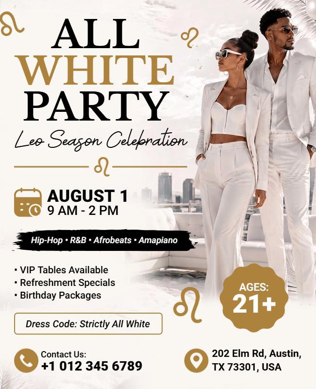 All White Party Leo Season Celebration Party Flyer Template
