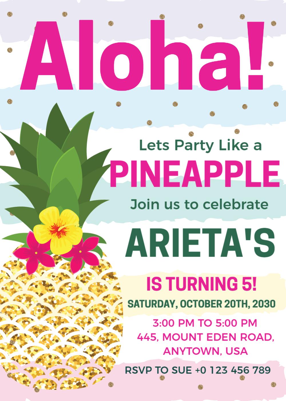Aloha Pineapple Tropical Luau Birthday Invitation Template