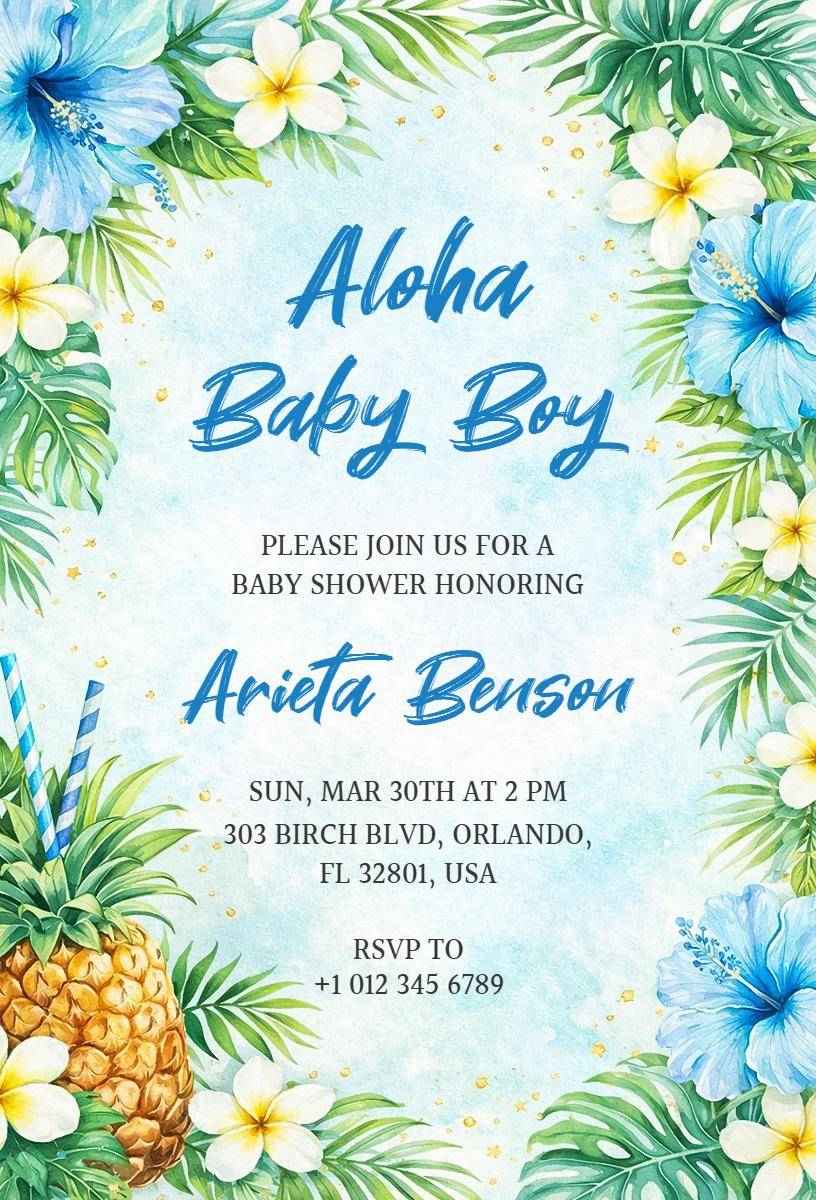 Aloha Tropical Baby Boy Shower Celebration Invitation Template