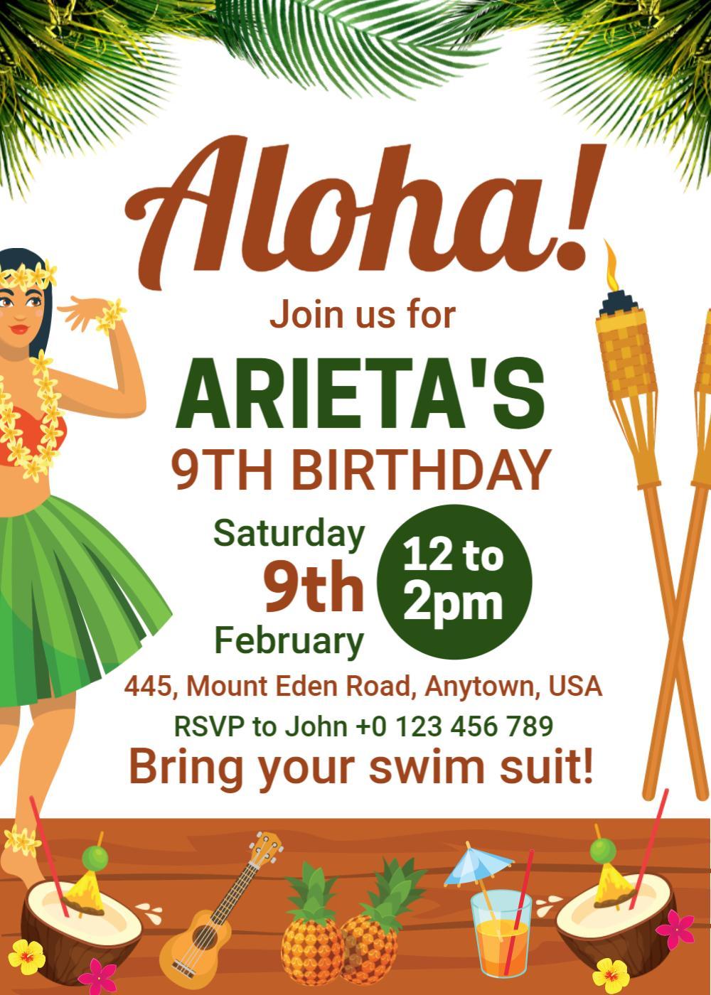 Aloha Tropical Luau 9th Birthday Celebration Invitation Template
