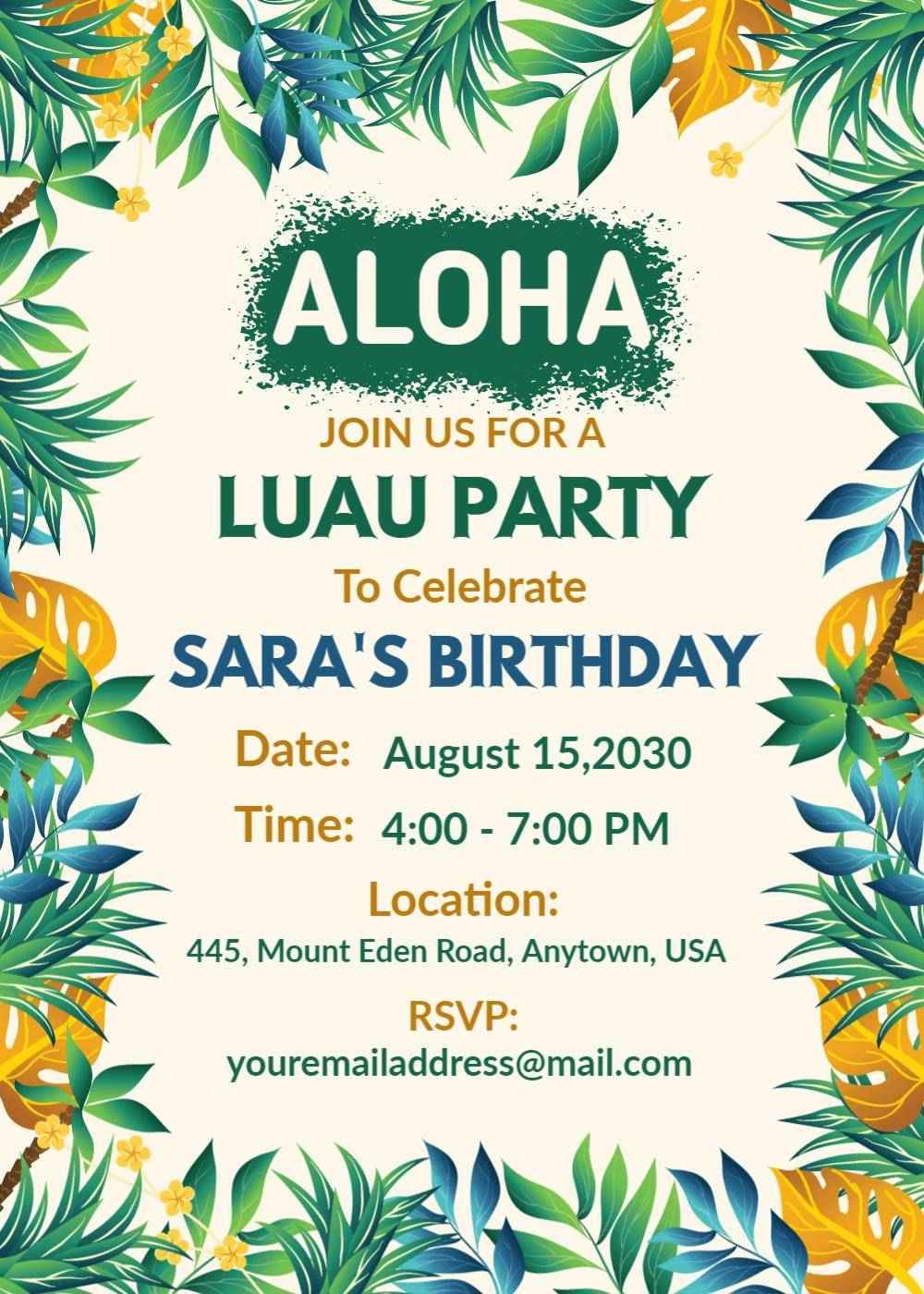 Aloha Tropical Luau Birthday Party Celebration Invitation Template