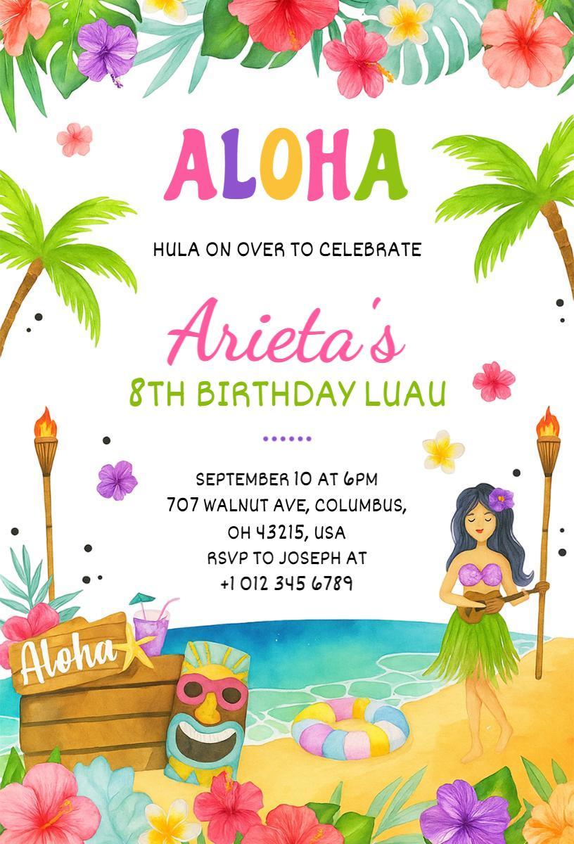 Aloha Tropical Luau Themed 8th Birthday Invitation Template