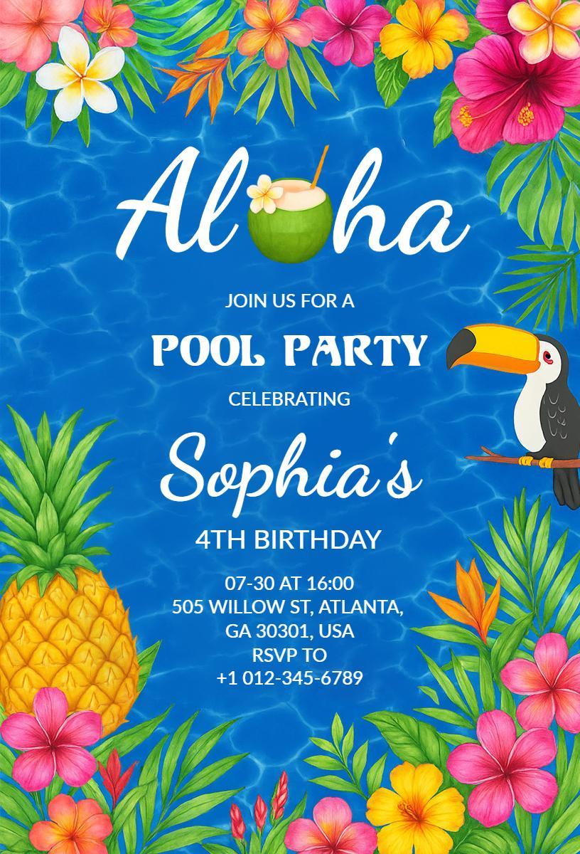 Aloha Tropical Pool Party Celebration Invitation Template