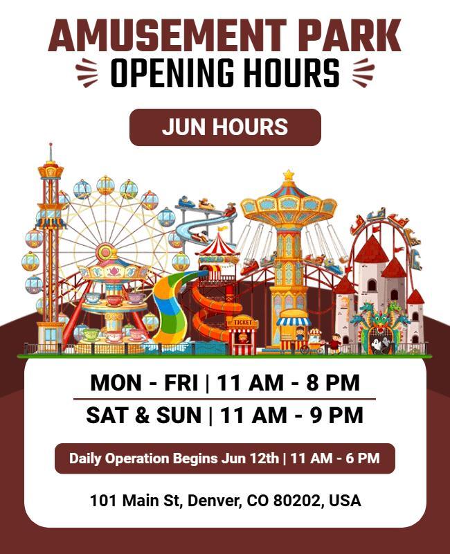 Amusement Park Opening Hours Flyer Template