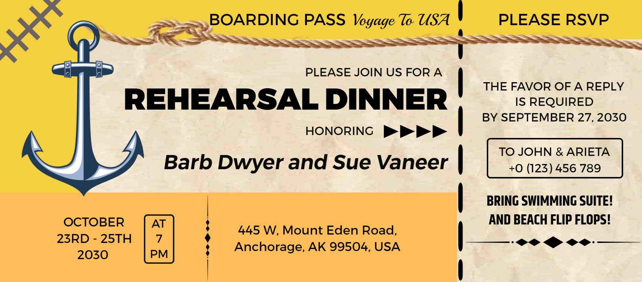 Anchorage Rehearsal Dinner Voyage Boarding Pass Invitation Template