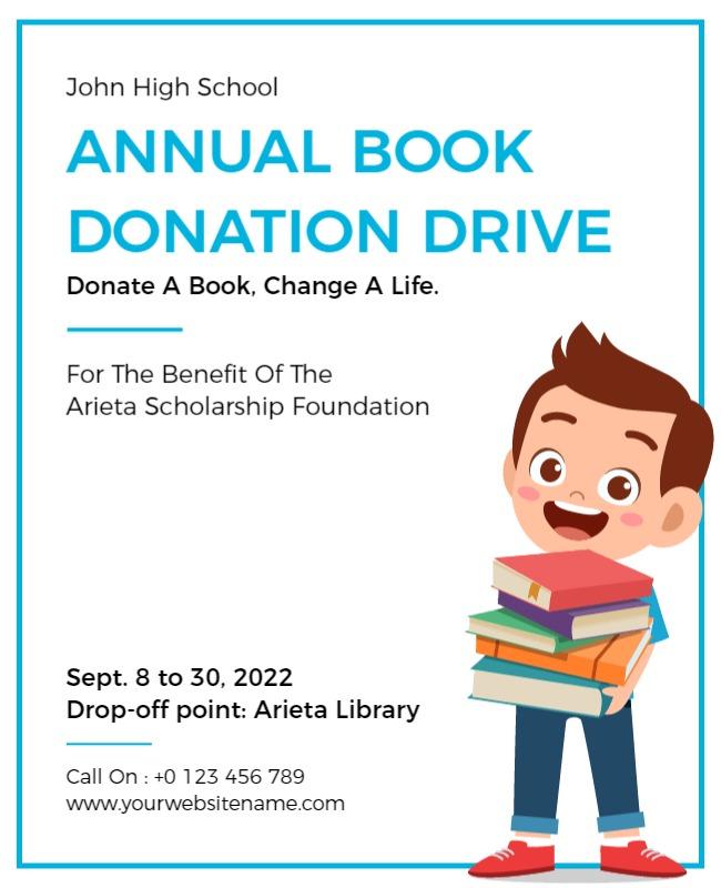 Bright Blue Kids Book Donation Drive Flyer Template