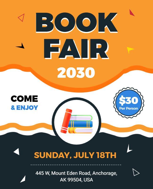 Dynamic Orange Themed Book Fair Event Flyer Template