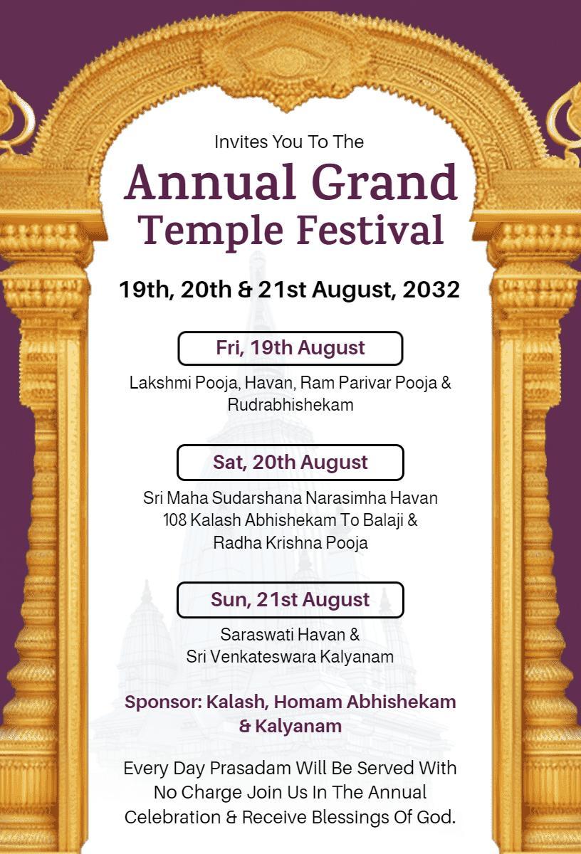 Annual Grand Temple Festival Celebration Invitation Template