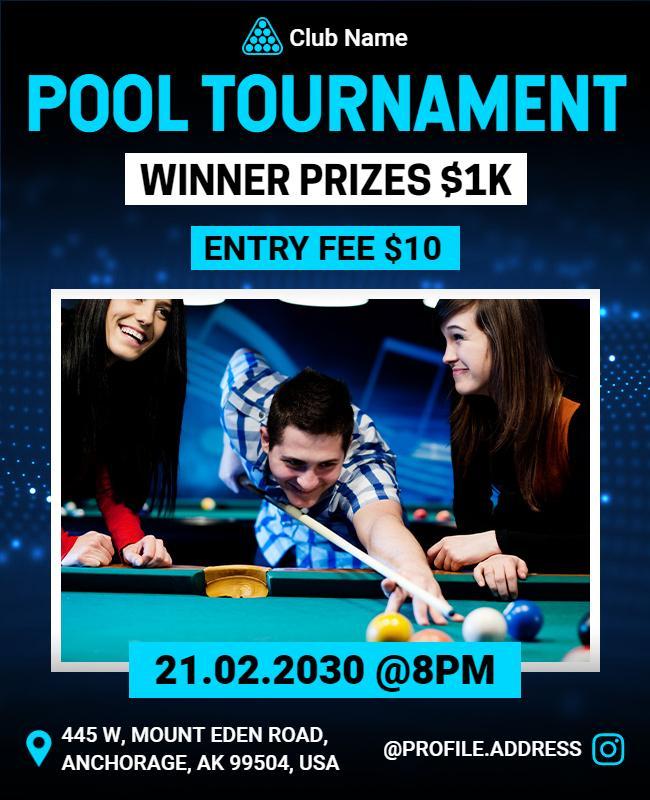 Energetic Blue Pool Tournament with $1K Prize Flyer Template