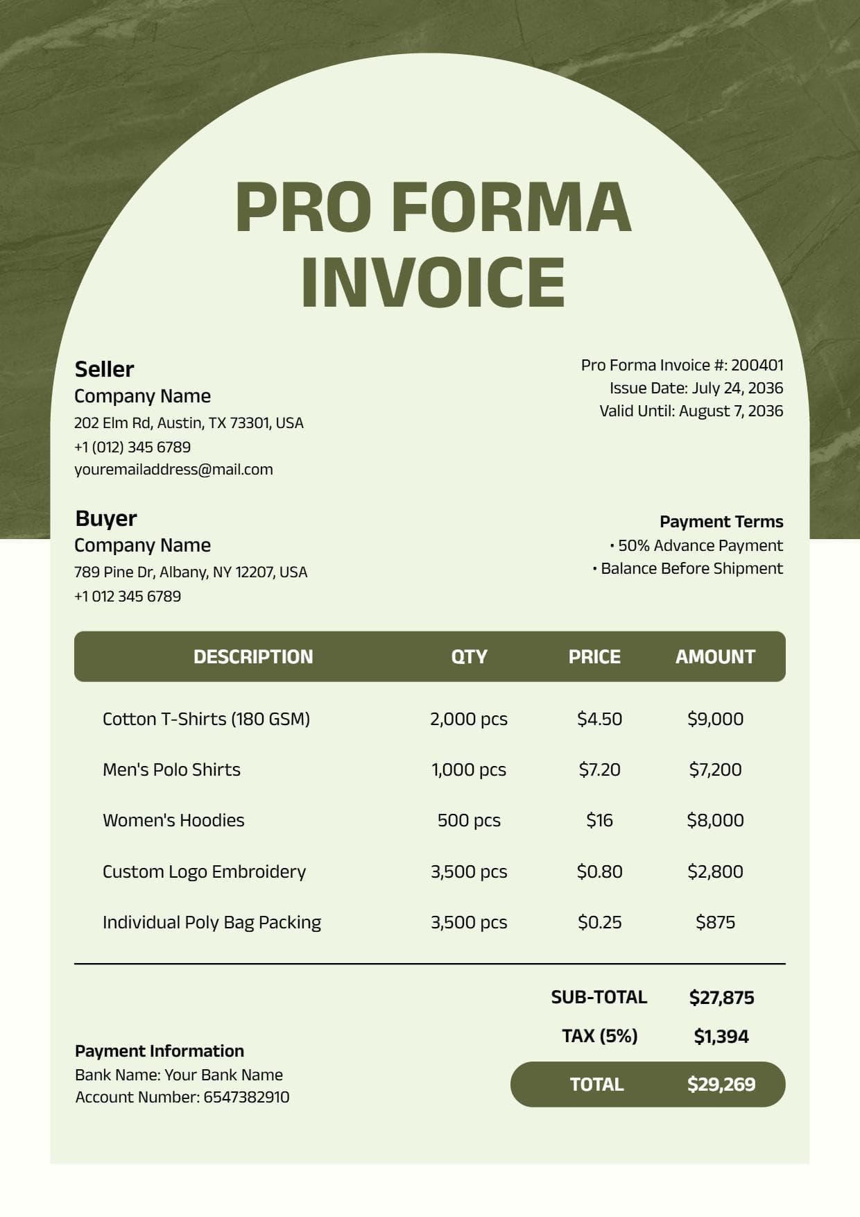 Apparel Product Order with Pricing Proforma Invoice Template