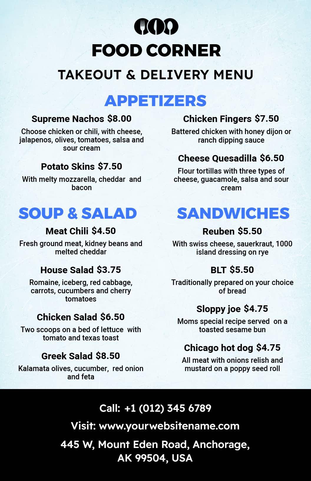 Appetizers and Hearty Sandwiches with Savory Salads Take-Out Menu Template