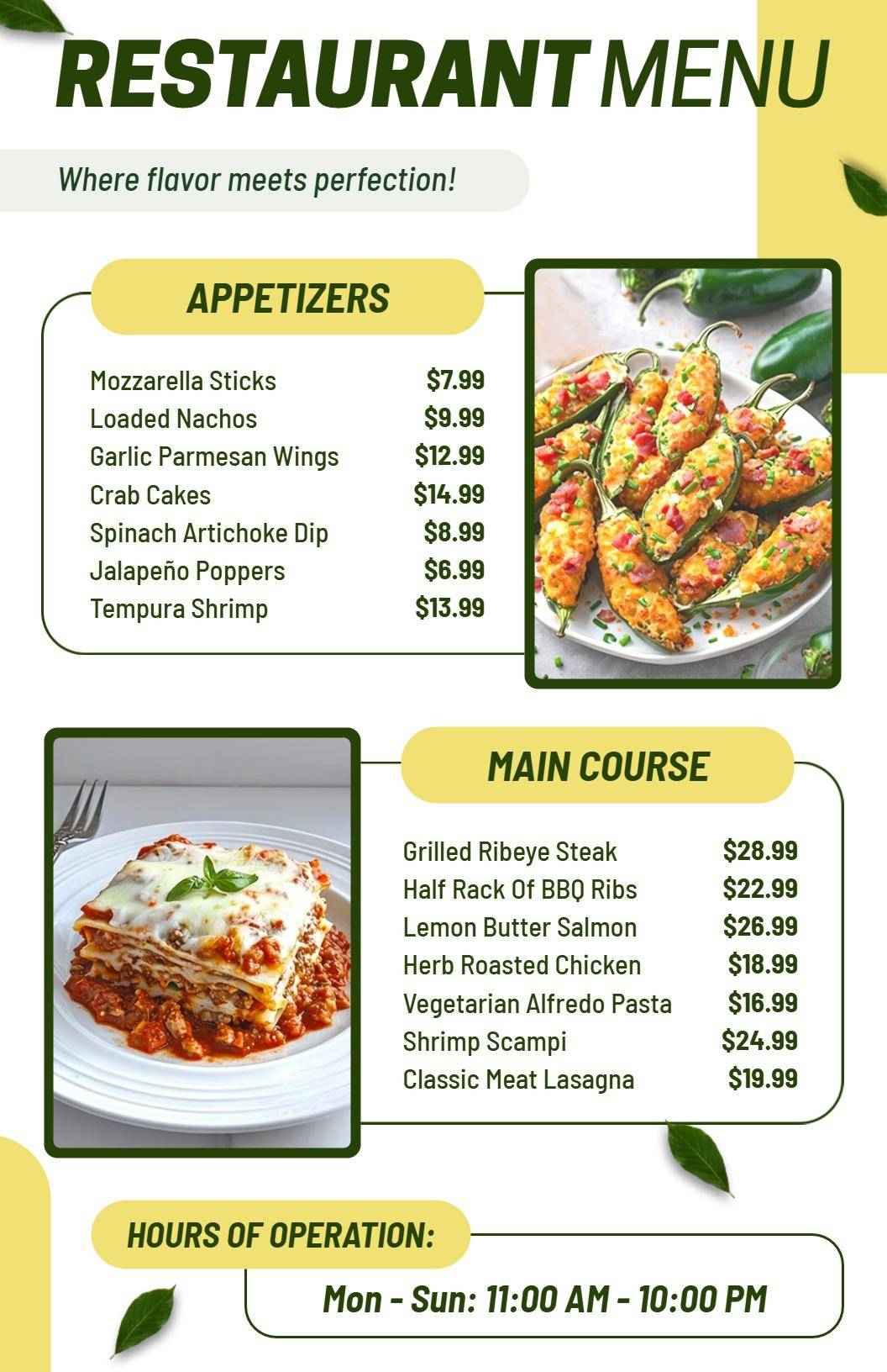 Appetizers and Main Course Selections with Hours Restaurant Menu Template