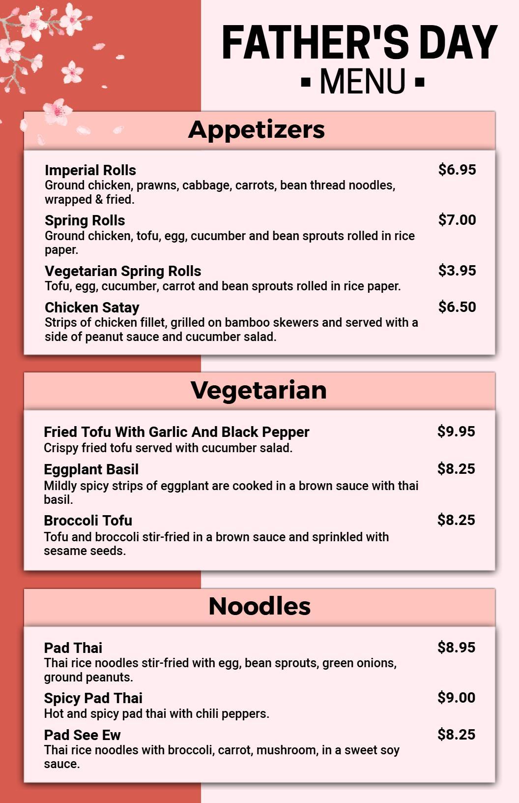 Appetizers and Vegetarian Noodle Dishes for Father's Day Menu Template