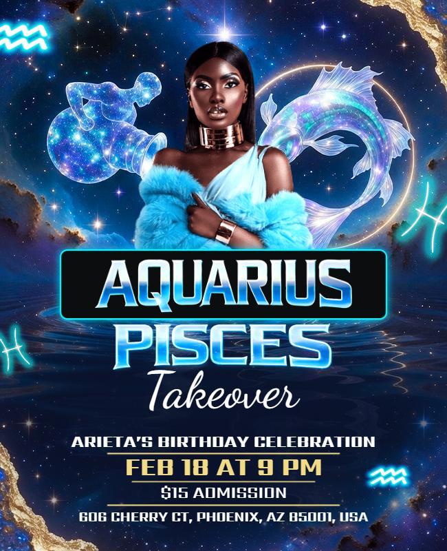 Aquarius and Pisces Birthday Takeover Party Flyer Template