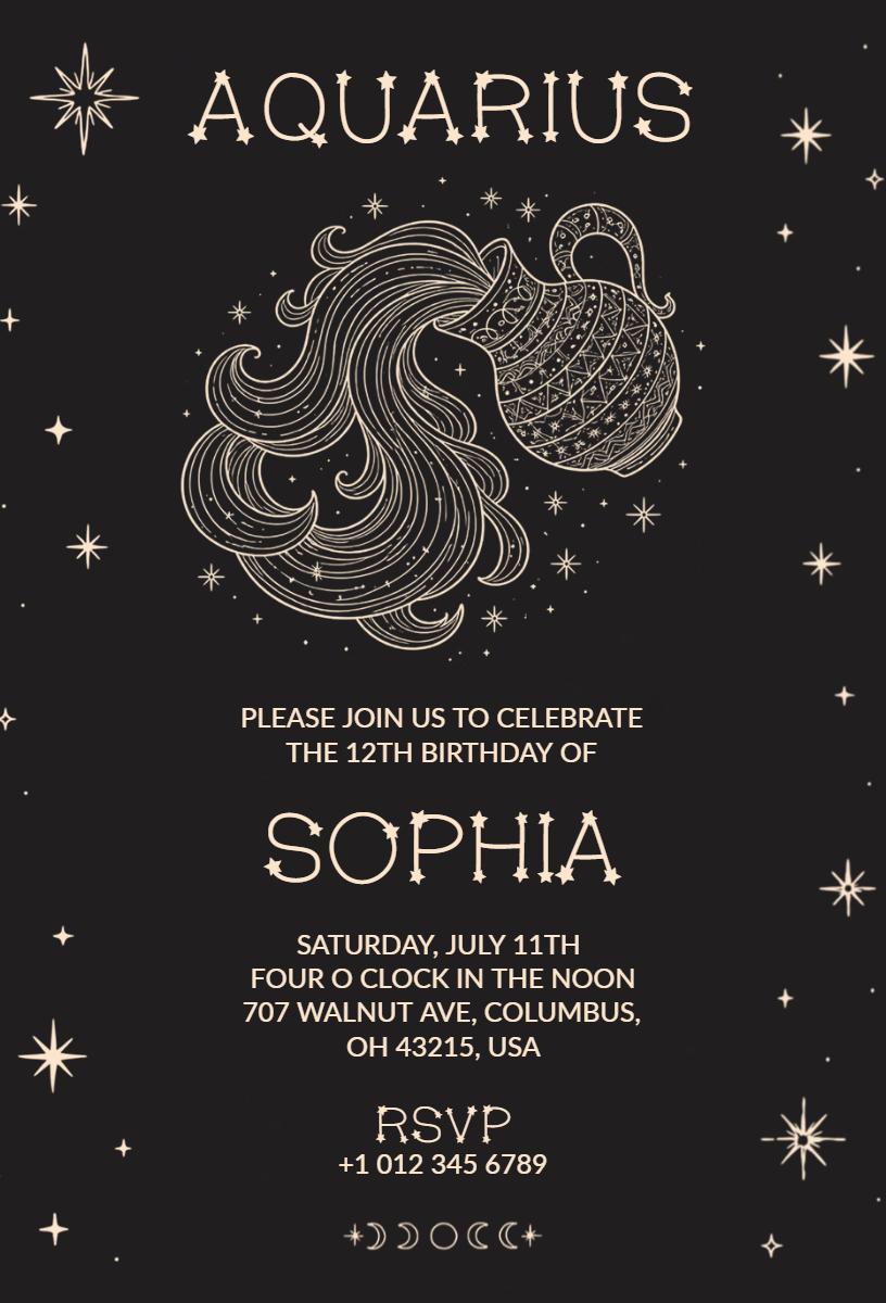 Aquarius Zodiac Theme 12th Birthday Celebration Invitation Template