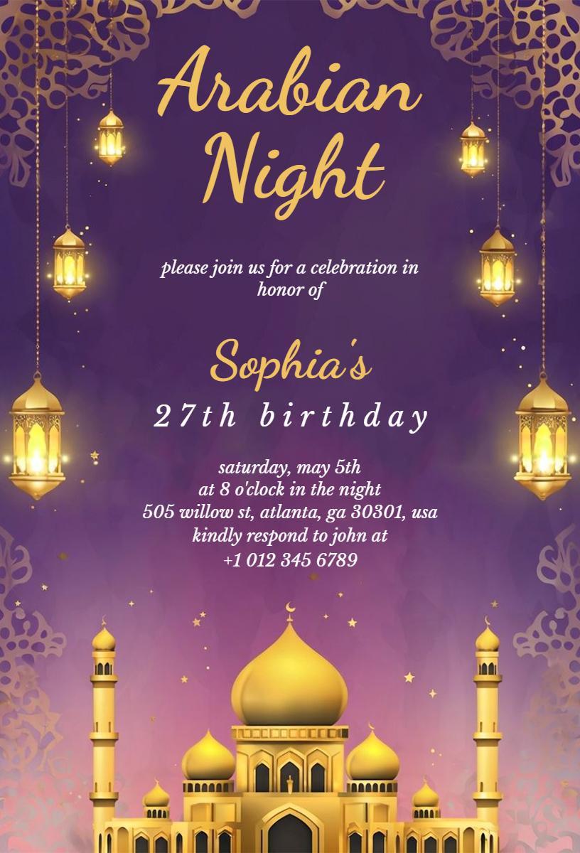 Arabian Night 27th Birthday Celebration Invitation Template