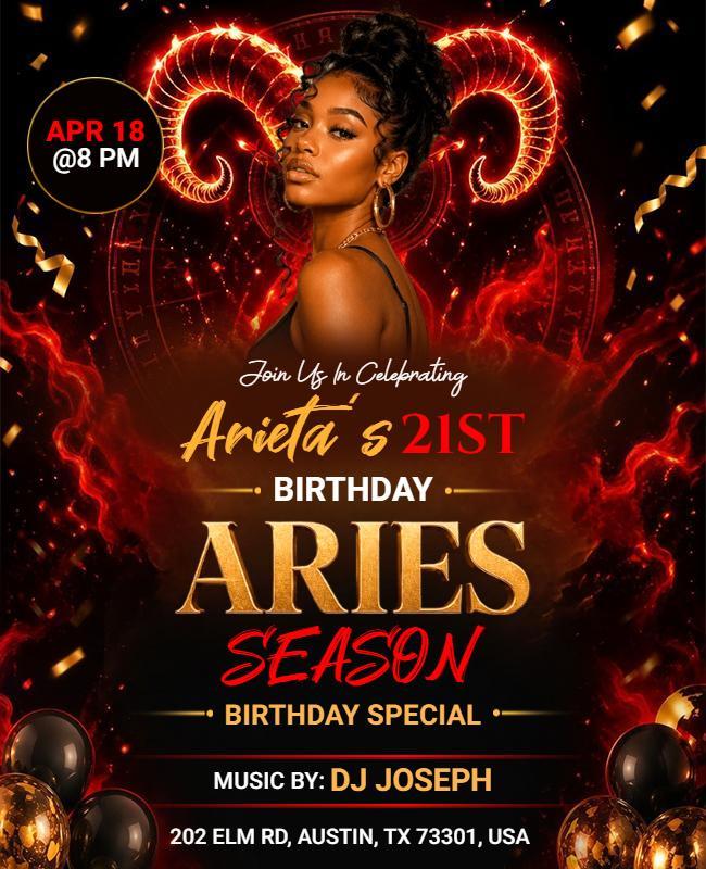 Aries 21st Birthday Party Event Flyer Template