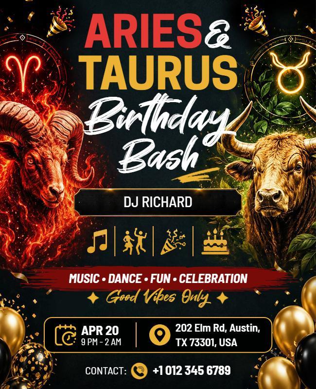 Aries and Taurus Zodiac Birthday Bash Flyer Template