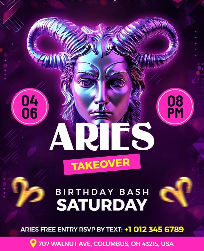 Vibrant Neon Aries Birthday Bash Flyer Template