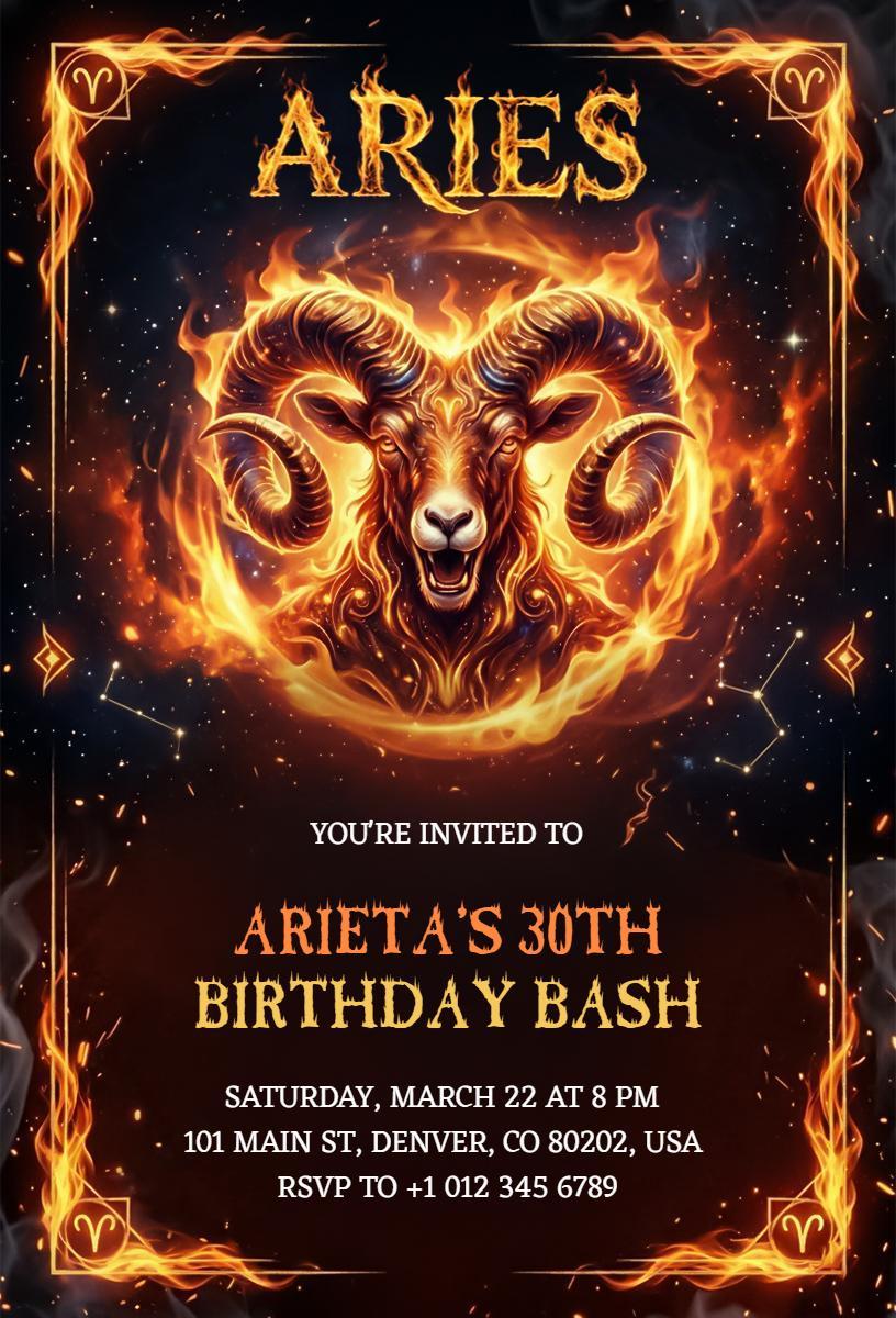 Aries Zodiac Sign Fiery 30th Birthday Bash Invitation Template