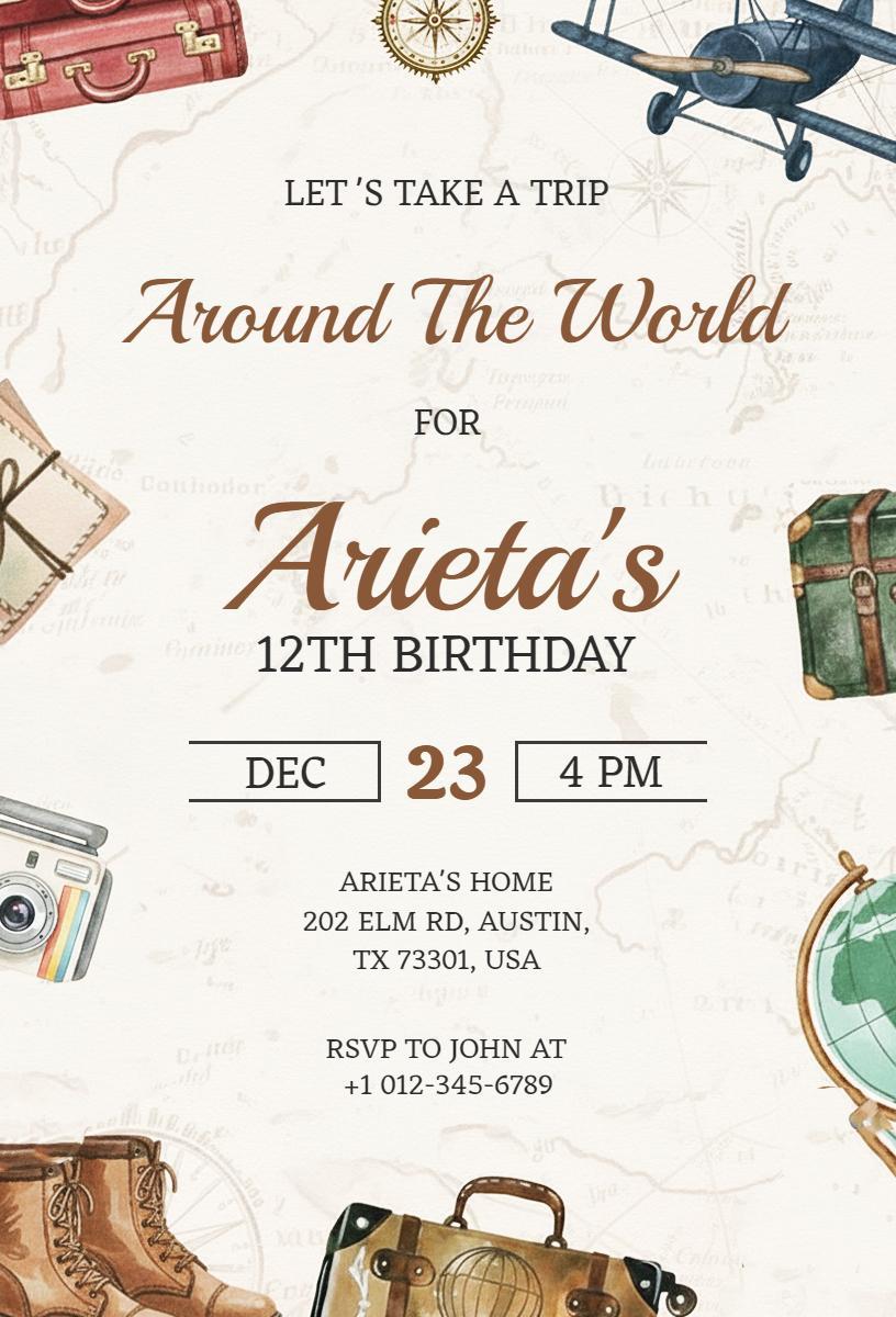 Around The World Adventure 12th Birthday Invitation Template